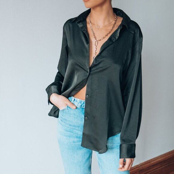 New Black Silky Button Down Blouse - Picture 3 of 6